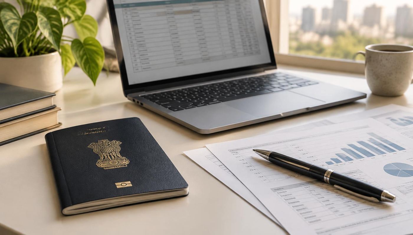 Indian passport, laptop and property paperwork on a desk