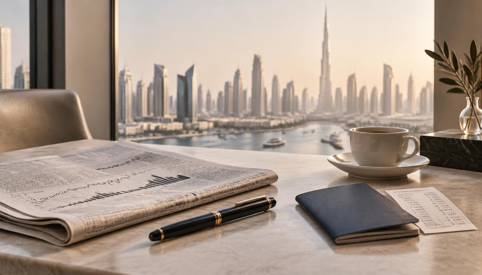 A desk with financial papers and a passport, with the Dubai skyline visible through the window