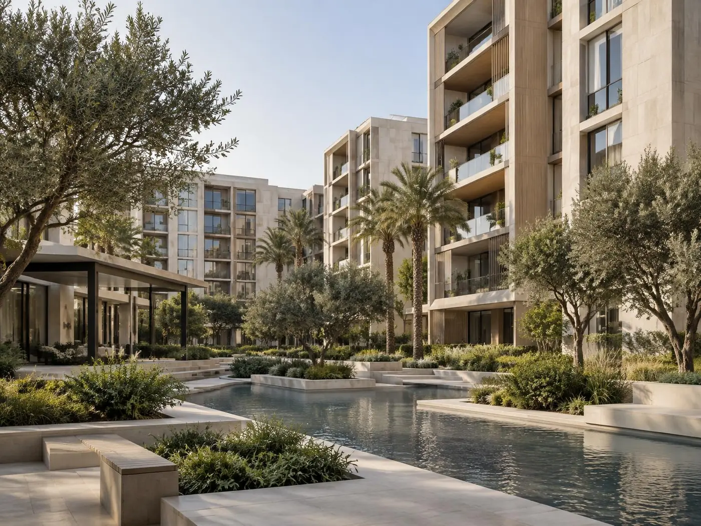 Contemporary Dubai residential architecture surrounding a landscaped water courtyard